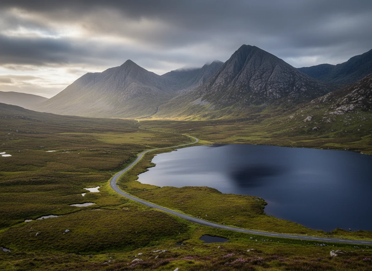 Road through Connemara beside lakes and rugged mountains