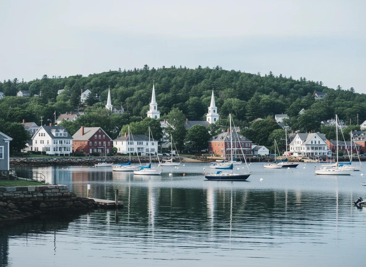 Camden Harbor with sailboats and forested hills in Maine