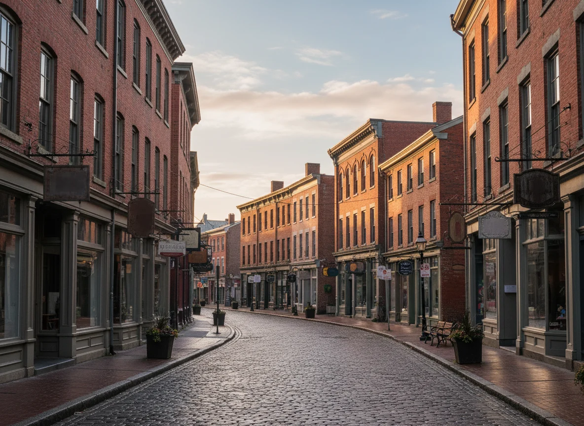 Quiet cobblestone street in Portland Maine Old Port