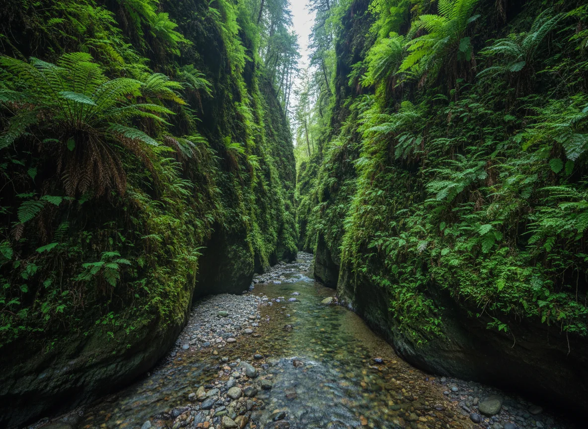 Fern-covered canyon walls and shallow creek in northern California