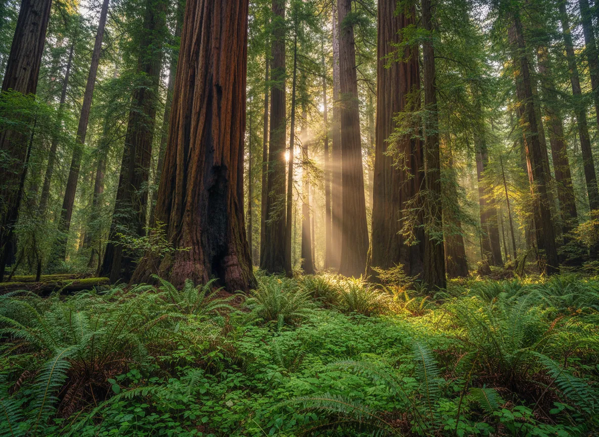 Towering old-growth redwoods and ferns in Jedediah Smith Redwoods