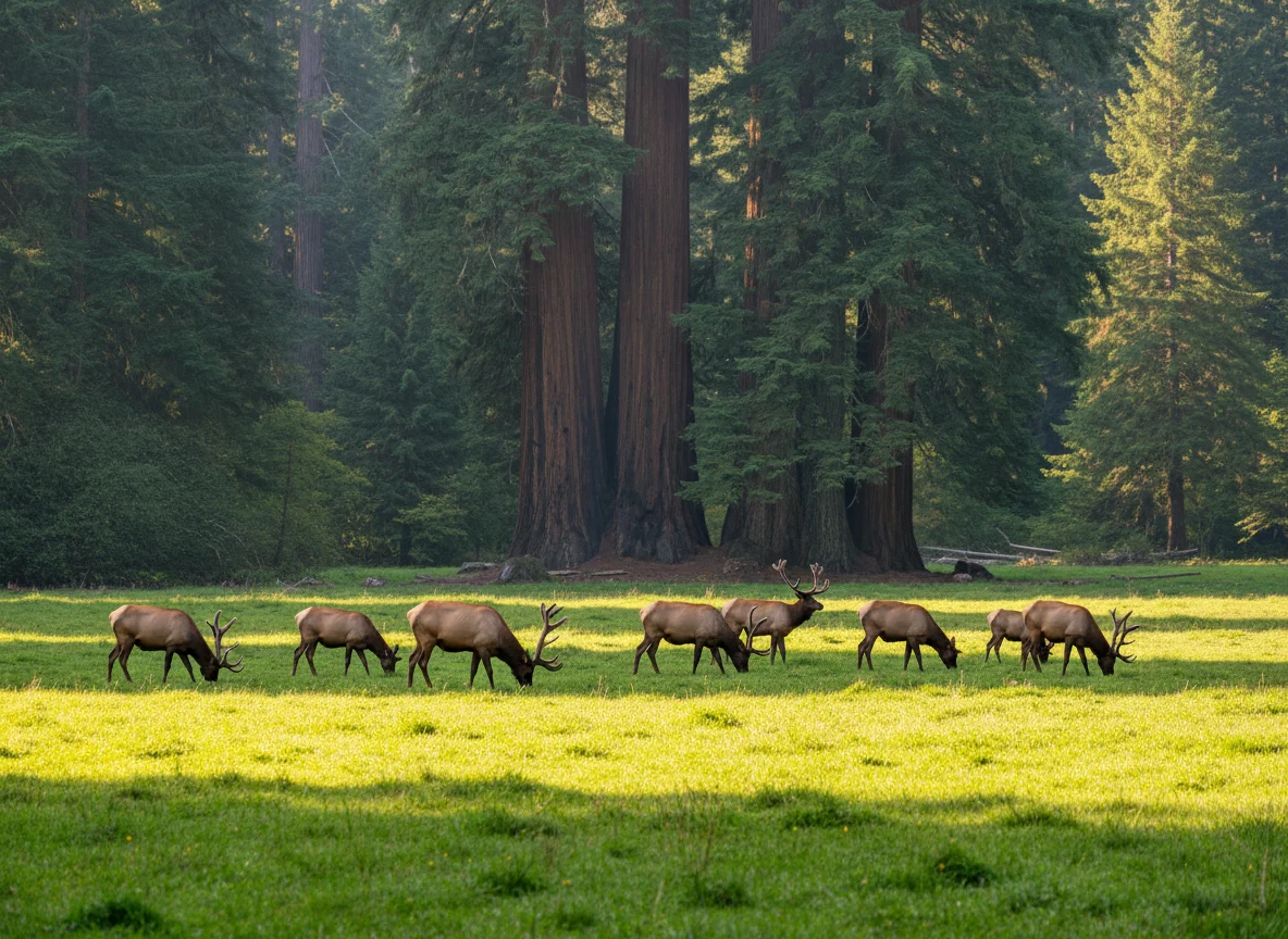 Roosevelt elk grazing near redwood forest outside Orick California