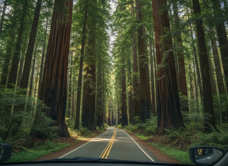 Road winding between giant redwood trees in northern California