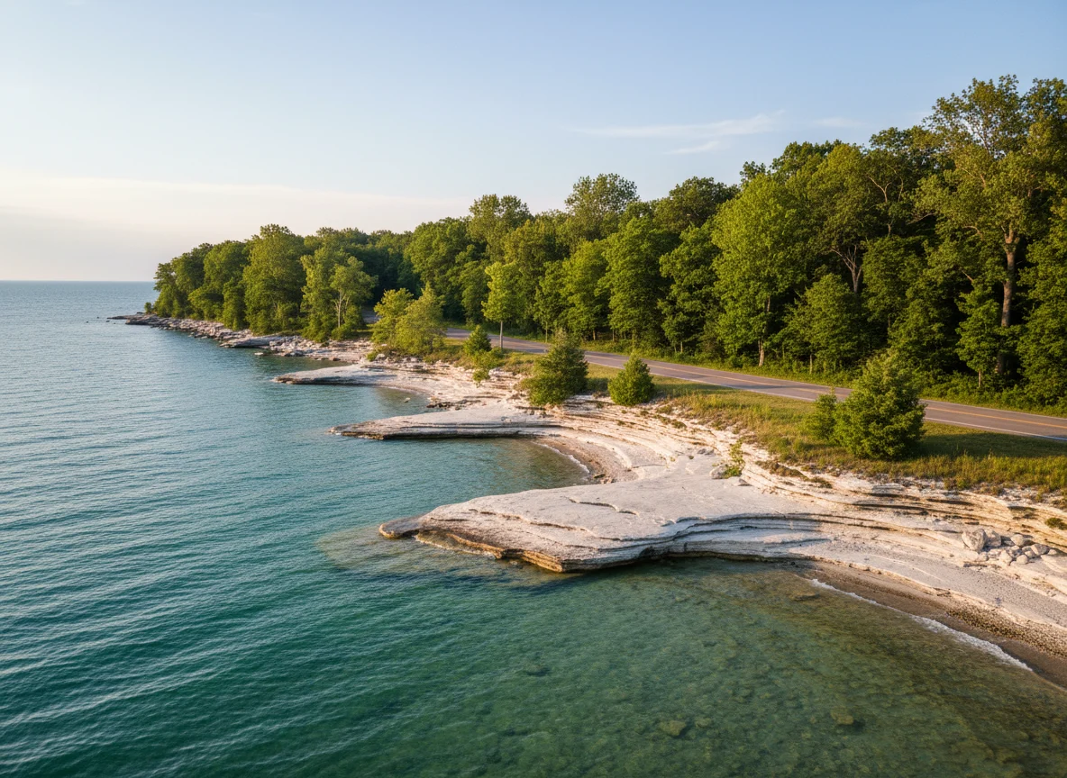Limestone shoreline and blue water on Kelleys Island Ohio