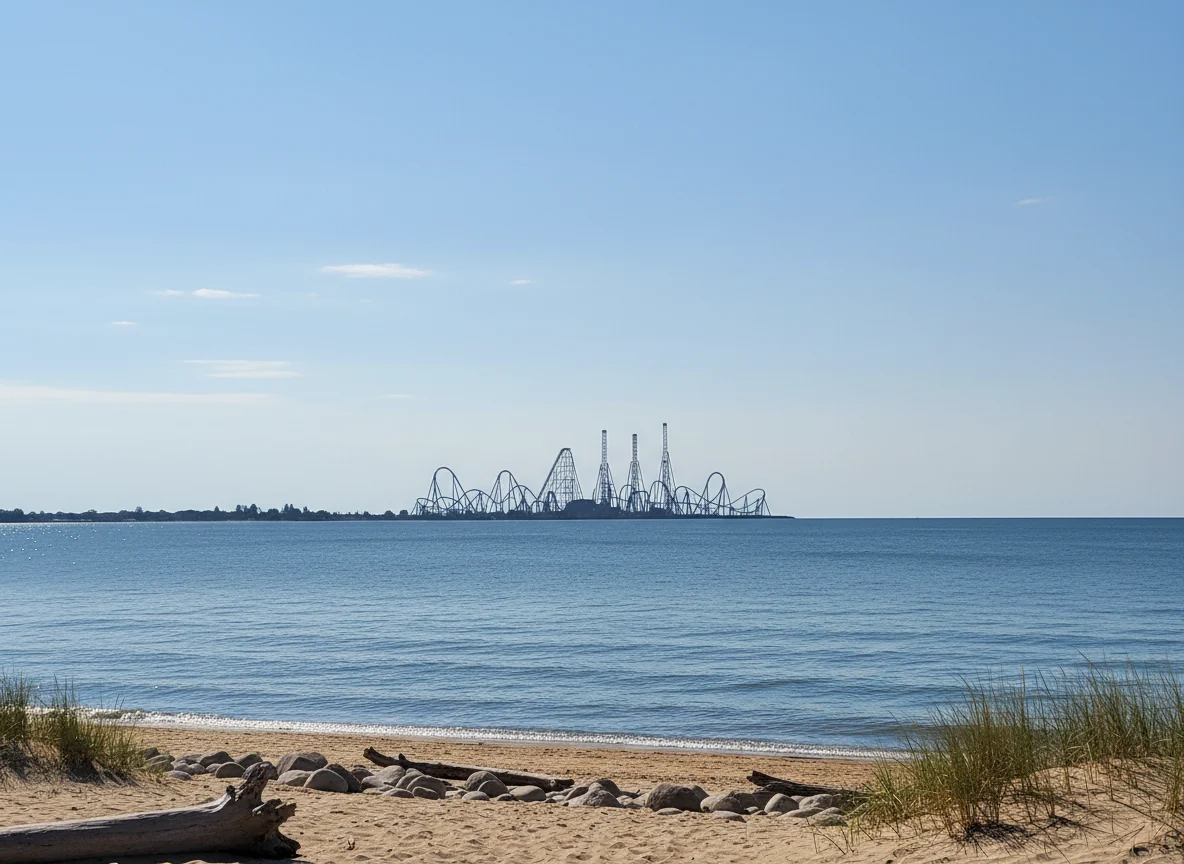 Roller coaster skyline across Lake Erie near Sandusky Ohio