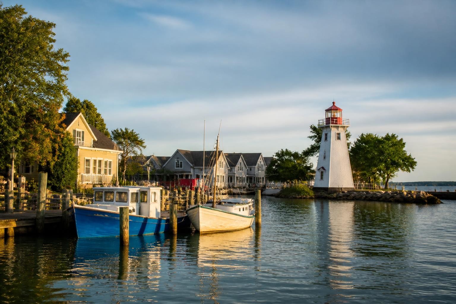 Boats and a small lighthouse in a Lake Erie harbor town