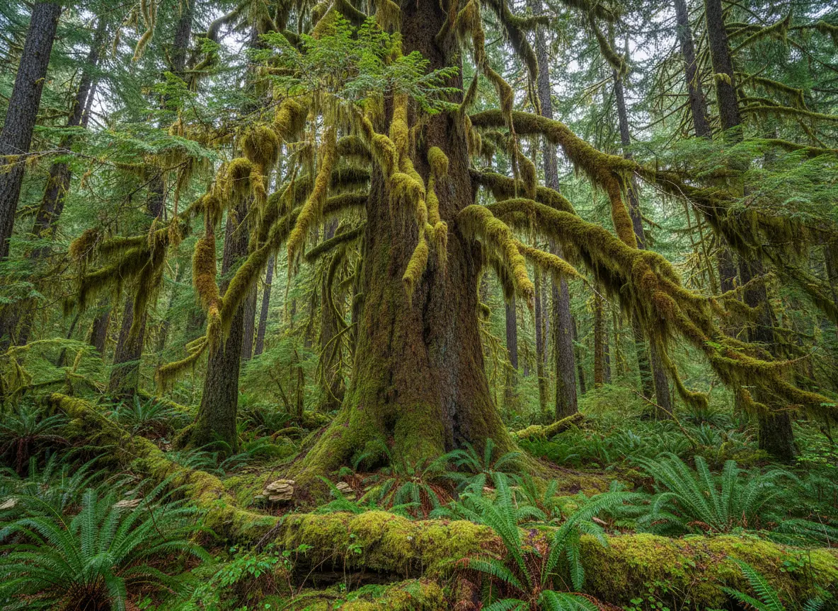 Moss-draped tree and ferns in the Hoh Rain Forest