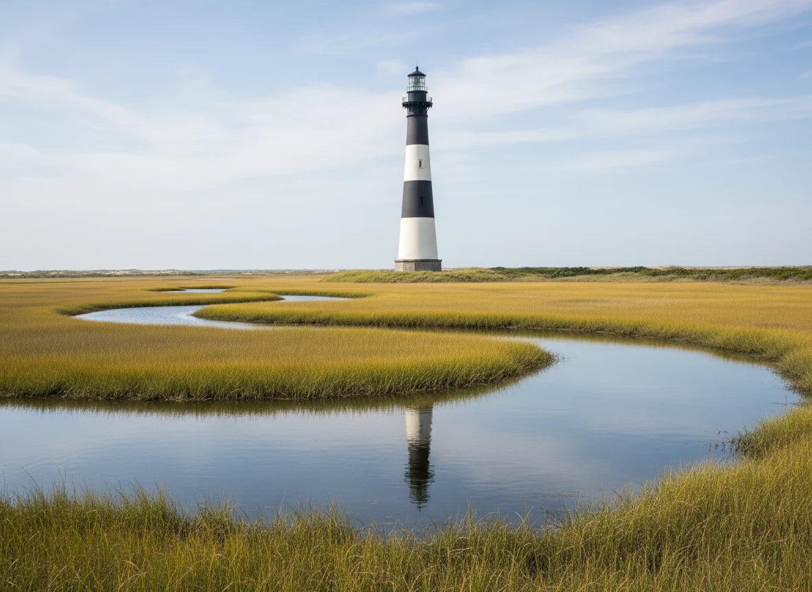 Bodie Island Lighthouse rising above marshland on the Outer Banks