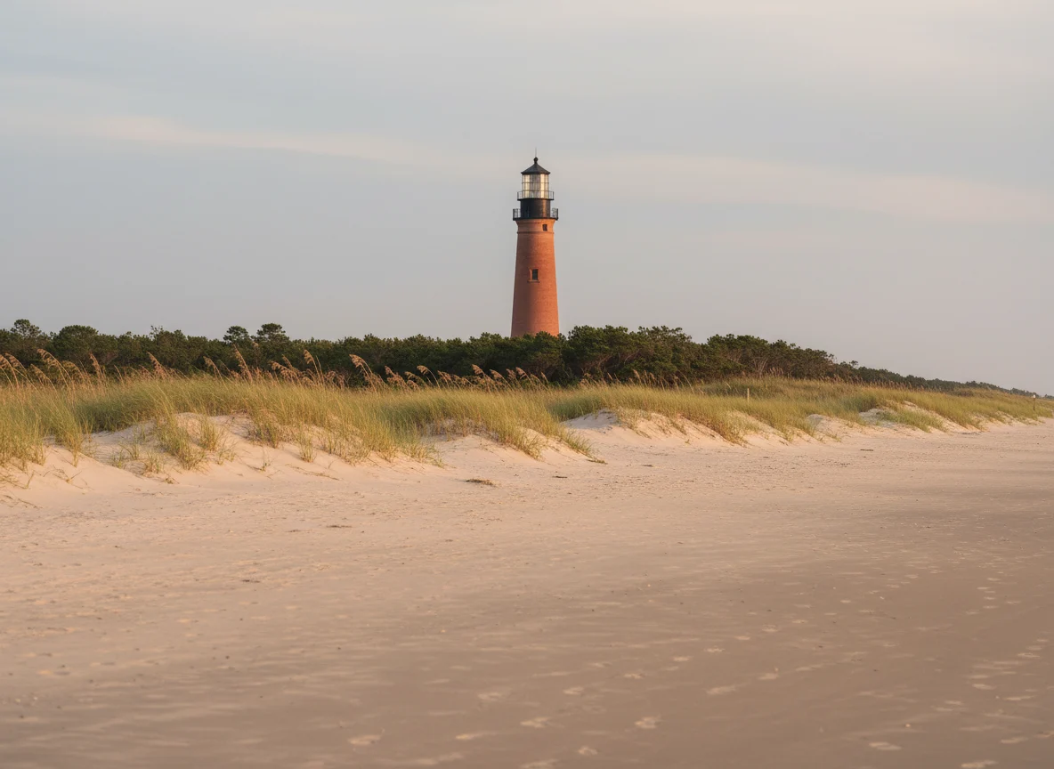 Corolla beach dunes and lighthouse on the Outer Banks