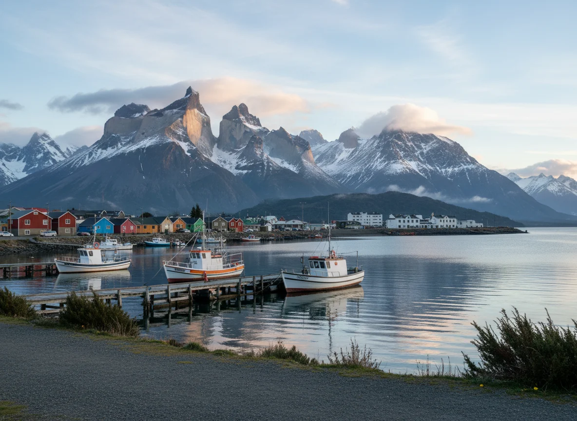 Puerto Natales waterfront with boats and distant Patagonian mountains