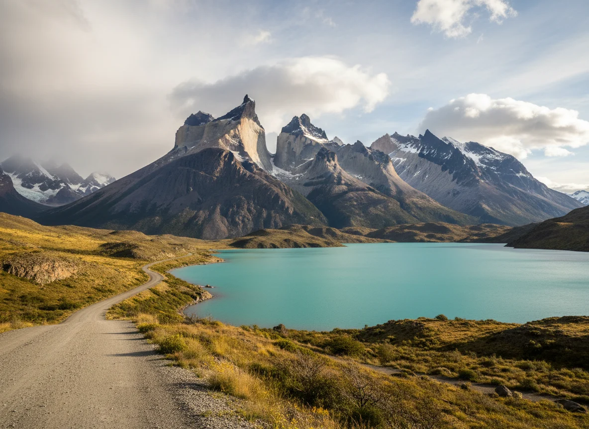 Road beside turquoise water leading toward Torres del Paine peaks