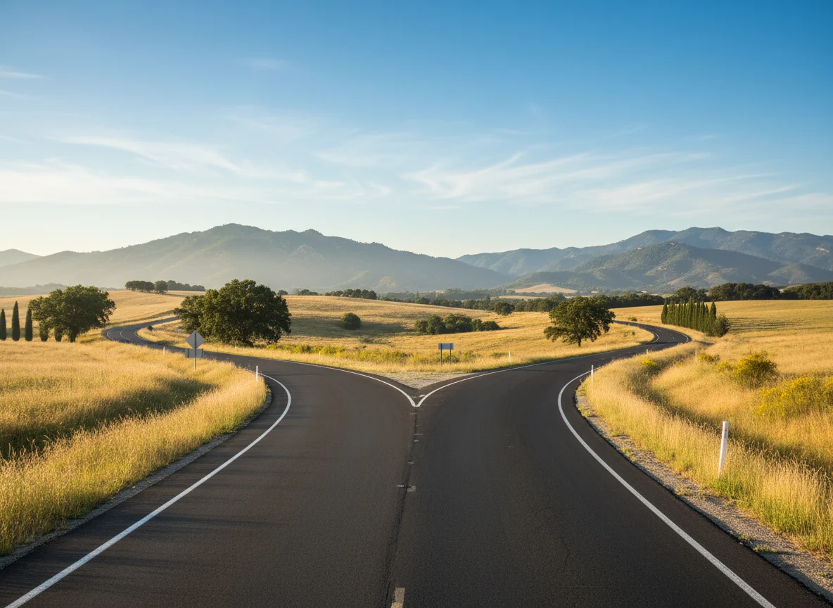 Two highway routes splitting toward distant hills