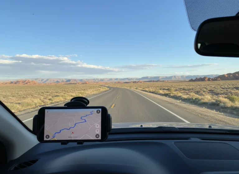 Phone navigation map mounted above a scenic road trip highway