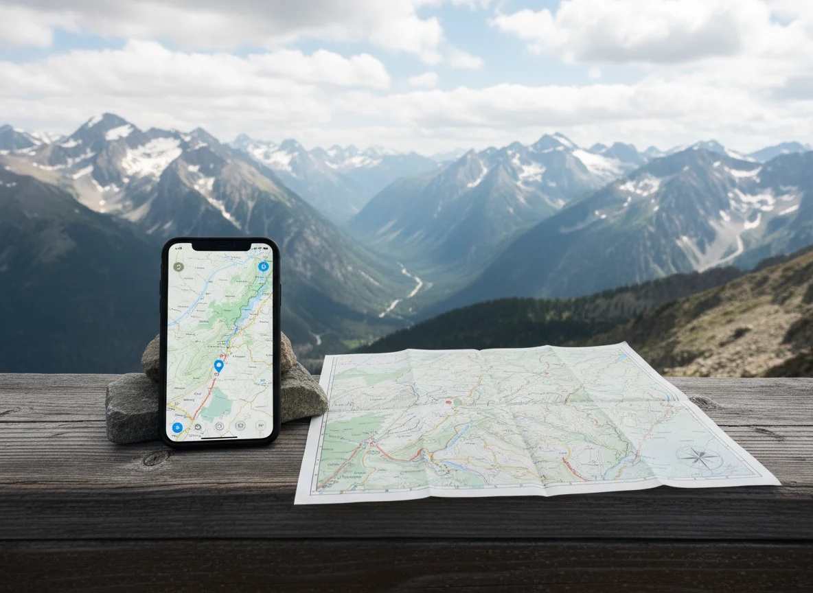 Phone with offline map beside a paper map at a remote overlook