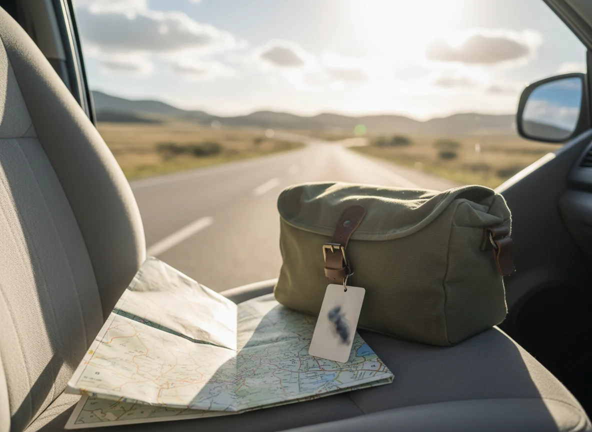 Road map hotel key card and overnight bag on a car seat