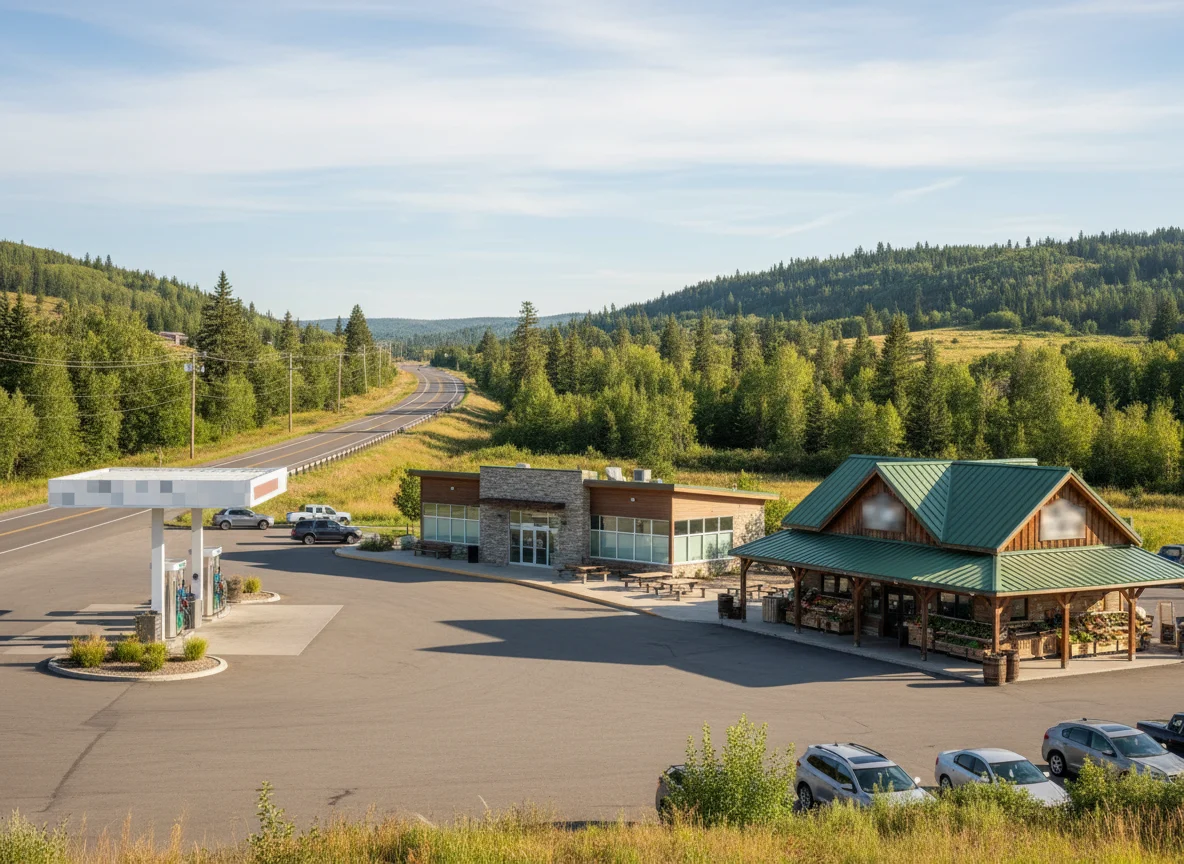 Gas station rest area and small grocery store along a rural highway