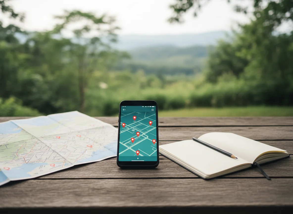 Phone map with saved location pins beside a paper map and notebook