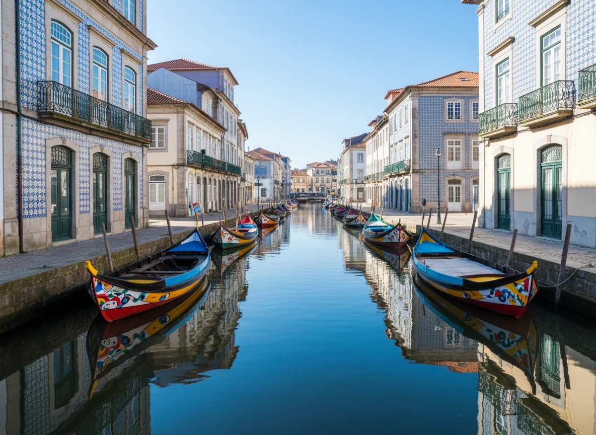 Colorful boats on a canal in Aveiro Portugal
