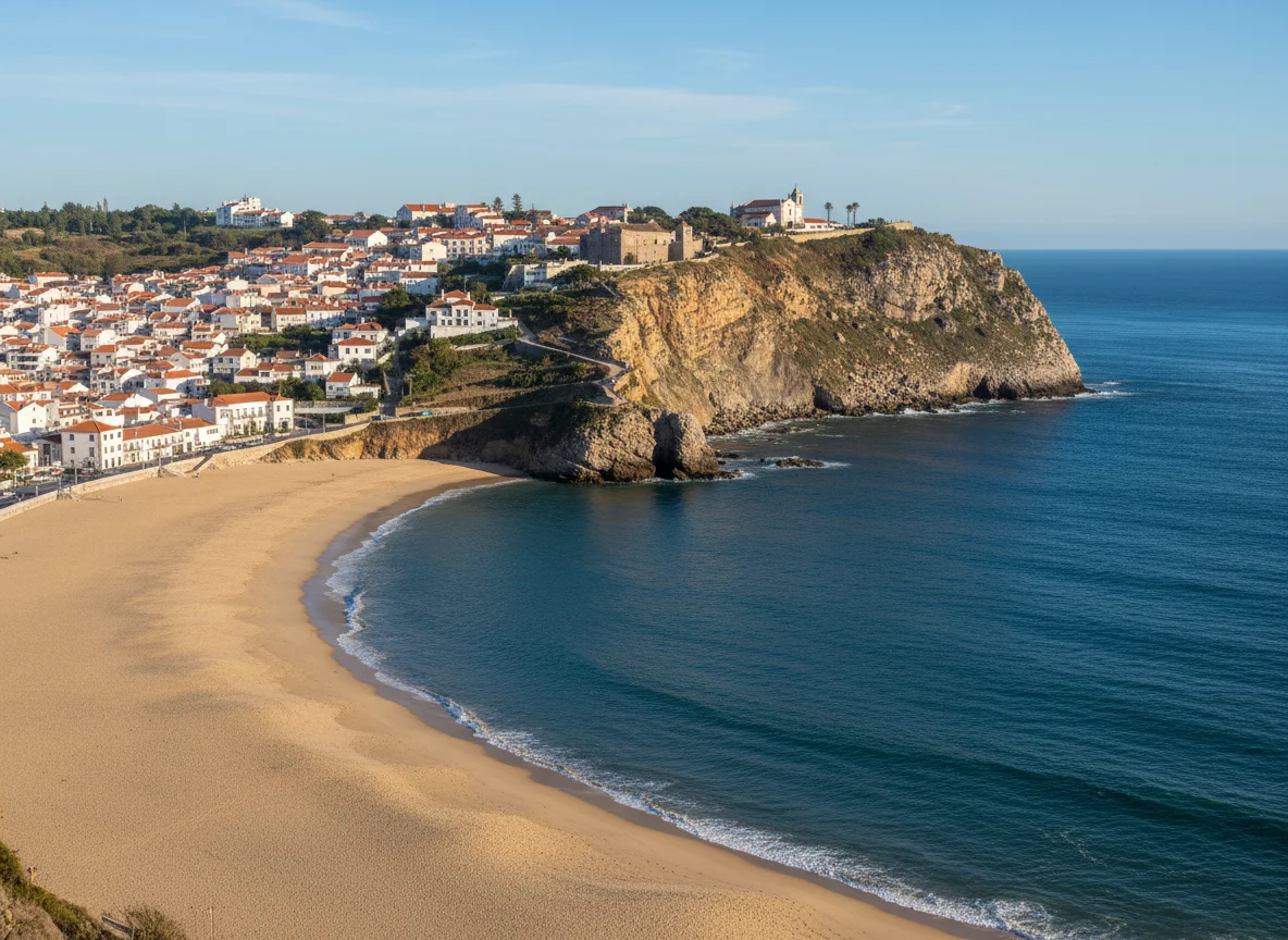 Nazaré Portugal beach and cliffside town above the Atlantic