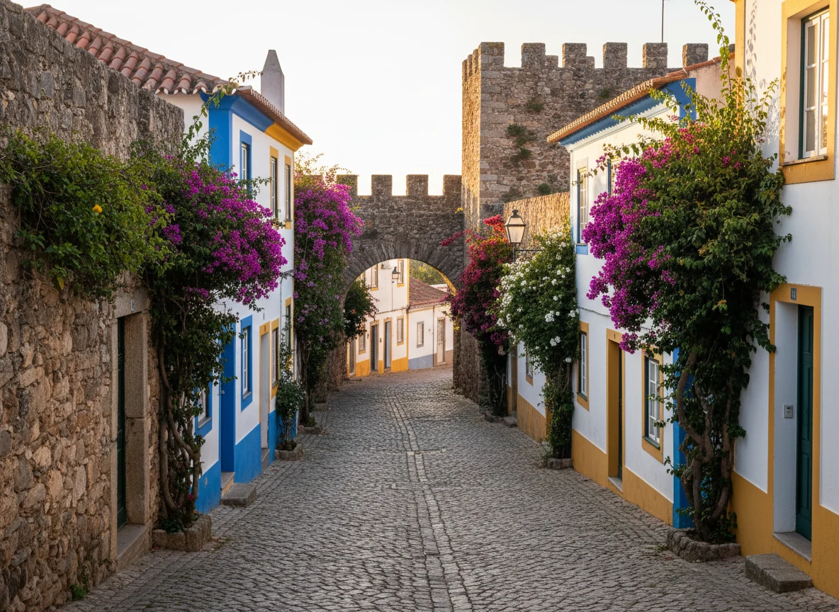 Whitewashed cobblestone street inside the walls of Obidos Portugal