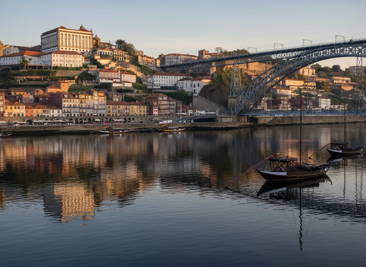 Porto Ribeira and Douro River with an arched bridge