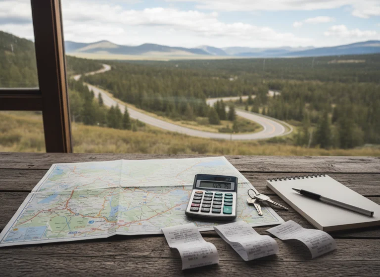 Road map calculator car keys receipts and notebook for trip budgeting