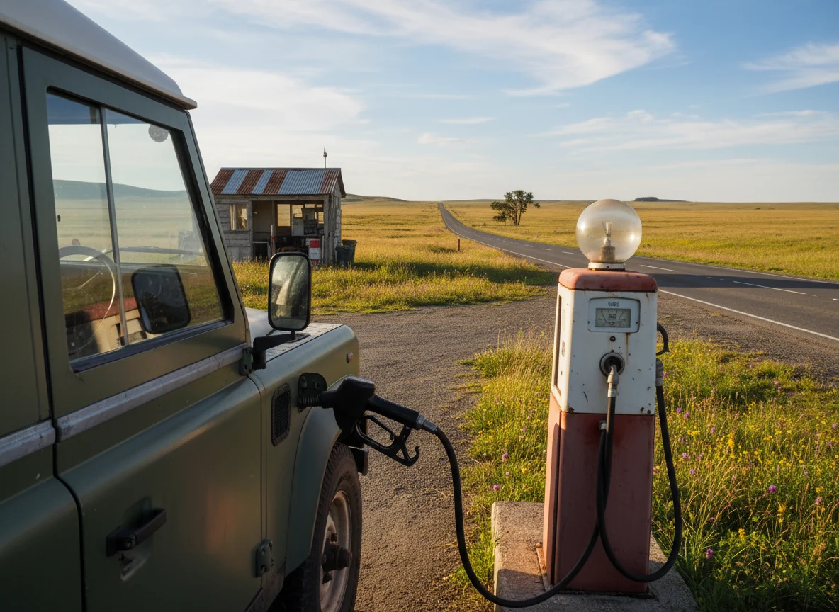 Car refueling at a gas station during a road trip