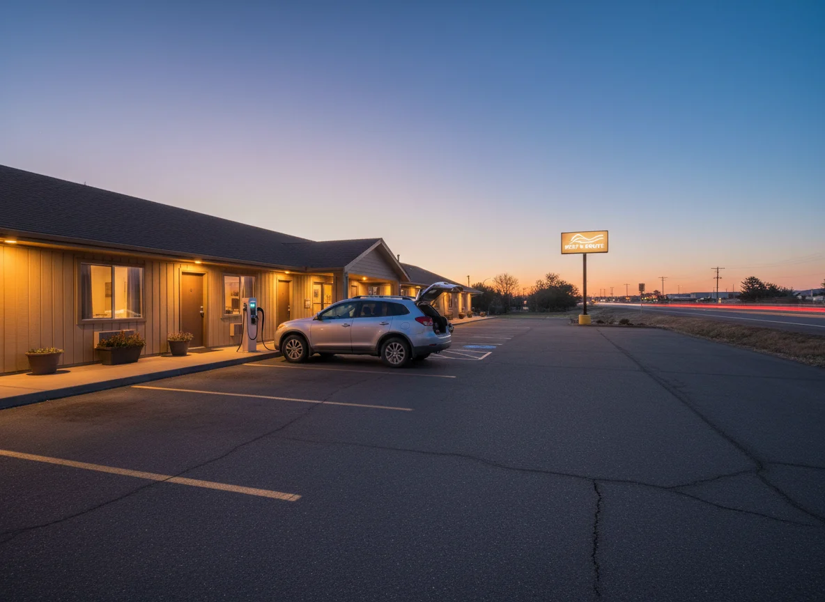 Midrange roadside hotel with easy parking at dusk