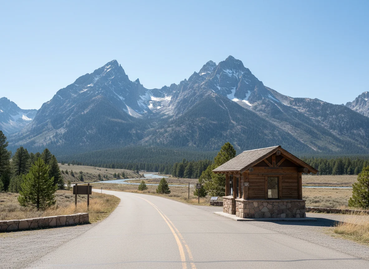 National park entrance road and fee booth beneath mountain scenery