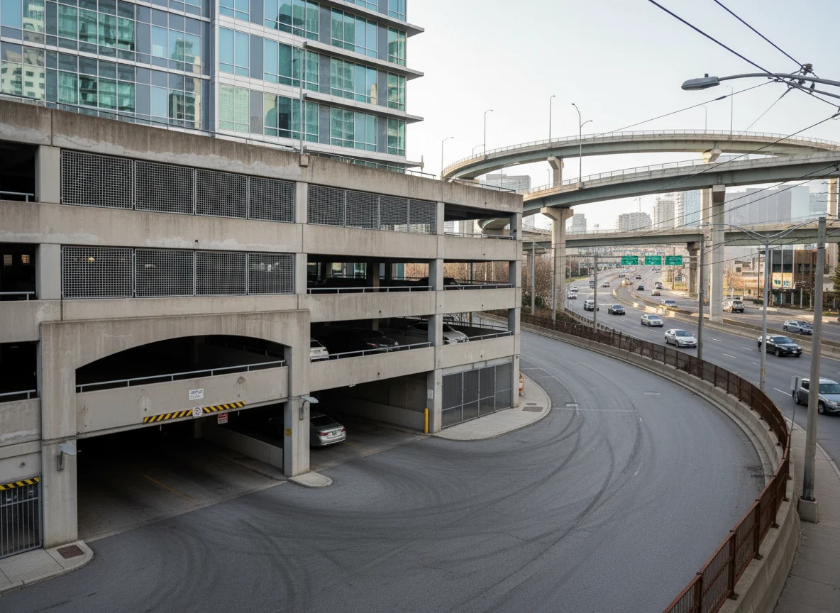 Hotel parking garage with a toll road nearby