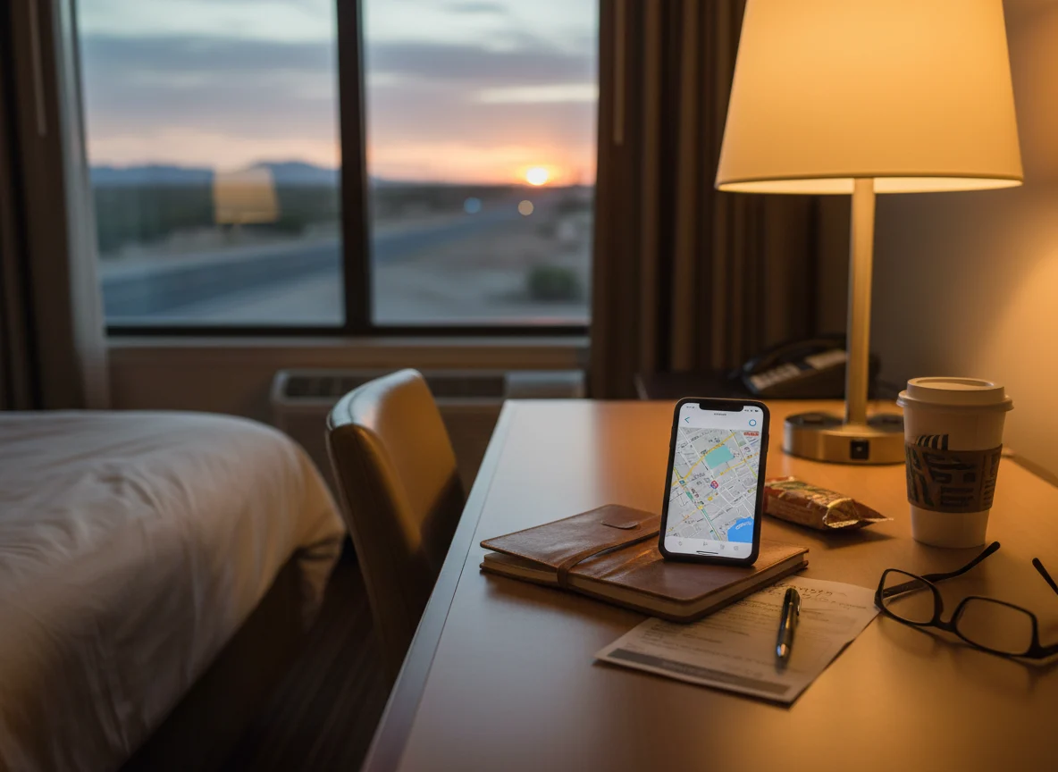 Hotel desk with phone notebook key card and reservation paperwork