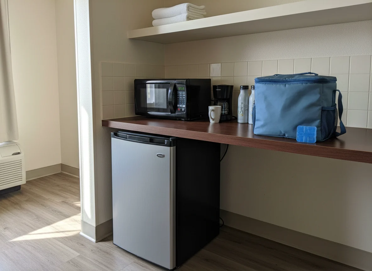 Hotel room mini refrigerator microwave and road trip cooler