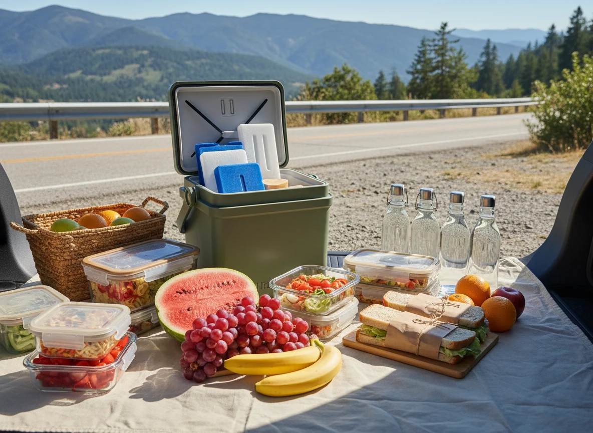 Road trip cooler packed with food water and ice packs