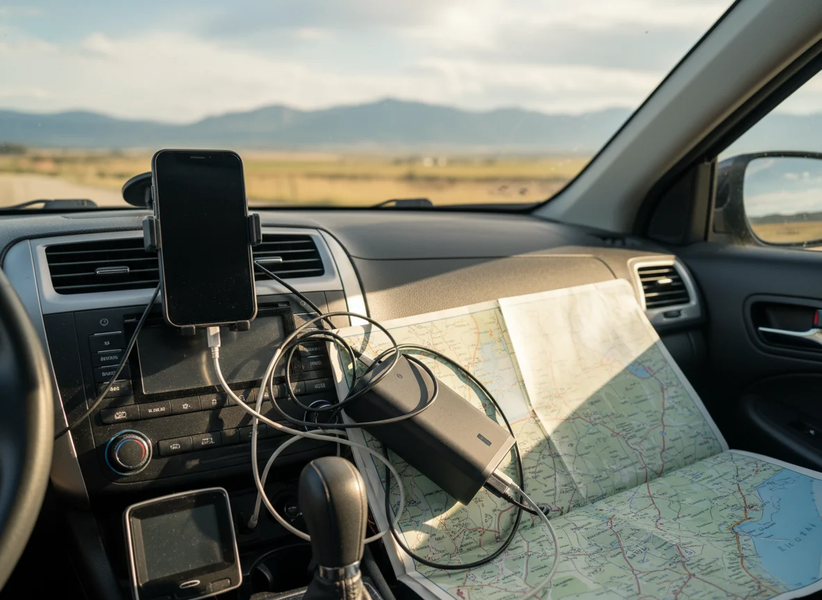 Phone mount charging cables power bank and paper map for a road trip