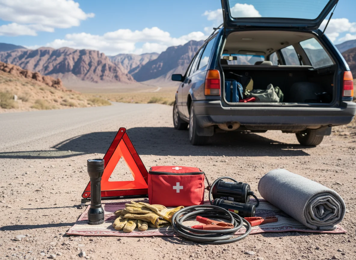 Road trip emergency kit with flashlight first aid supplies and jumper cables