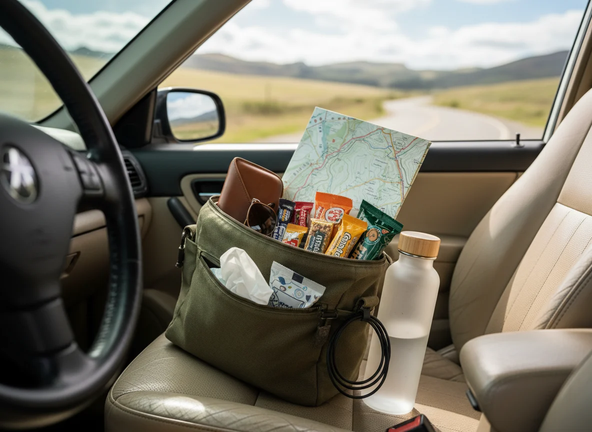 Easy-access road trip bag with water snacks map and charging cable