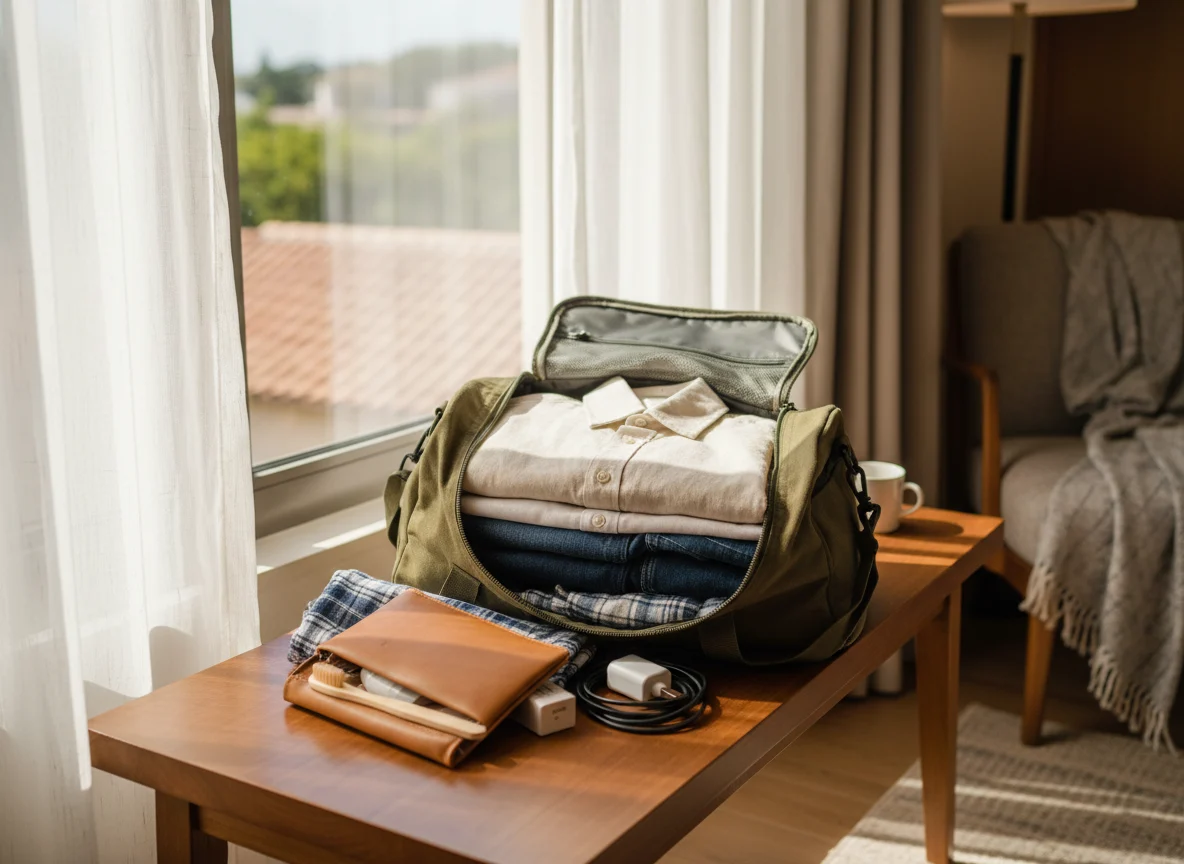 Overnight road trip bag packed with clothes toiletries and chargers