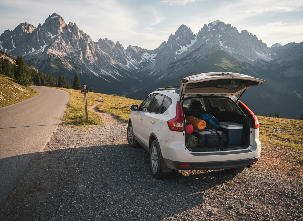 Crossover vehicle parked at a mountain trailhead on a road trip