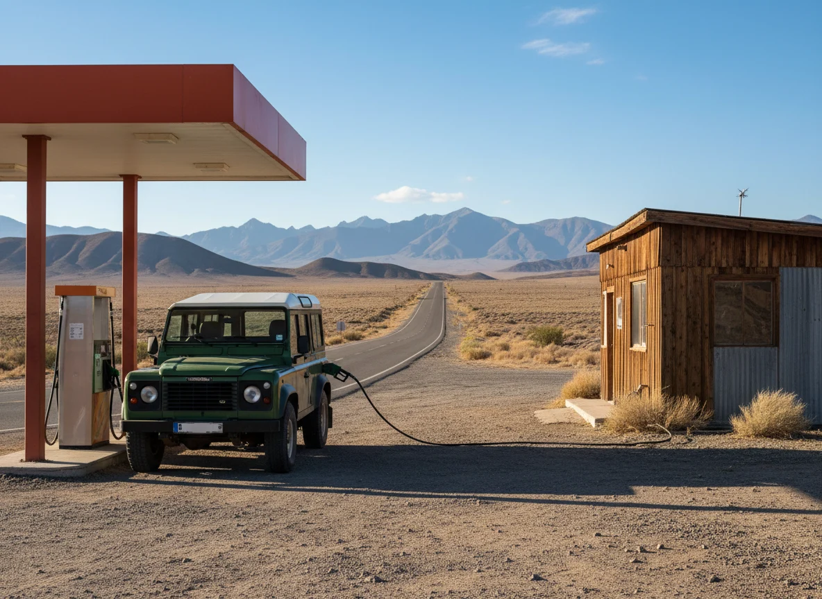 Car refueling at a gas station during a road trip