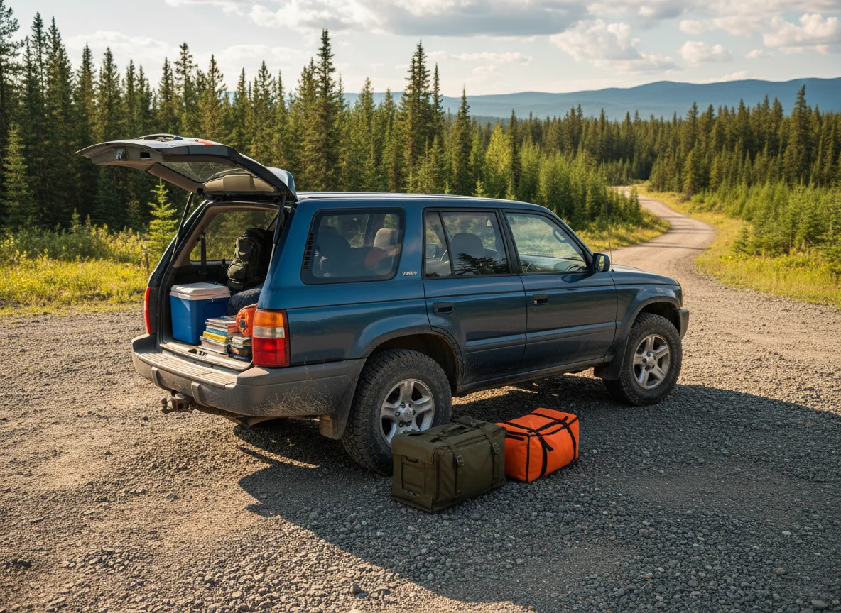 Personal car prepared for a road trip with luggage and emergency kit
