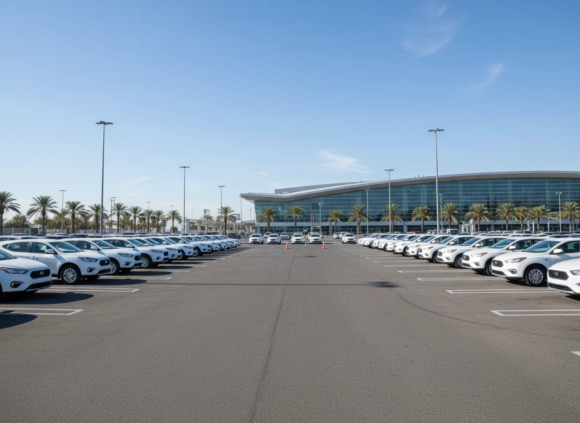 Rental cars parked outside a modern pickup area