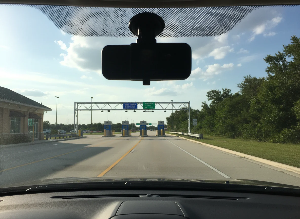 Rental car approaching a toll road with a windshield transponder