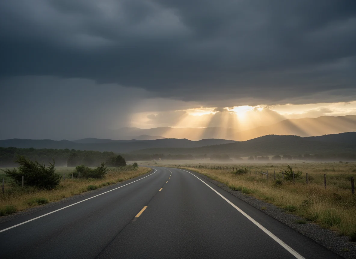 Highway beneath changing weather and distant sunlit hills