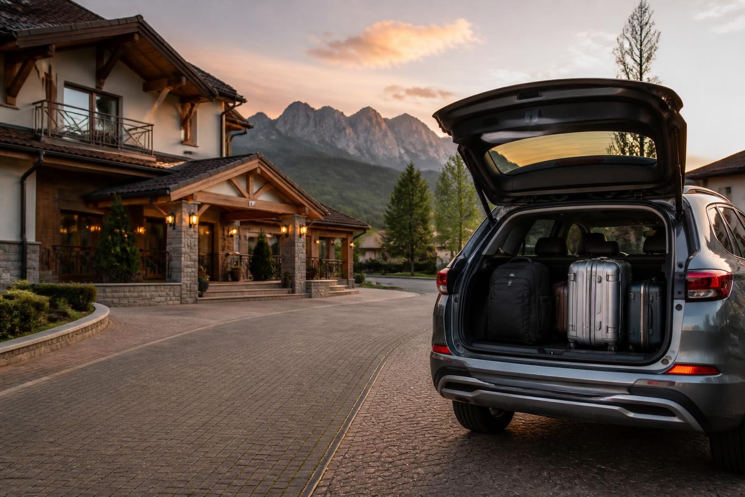 Roadside hotel in a mountain town with a parked road trip car