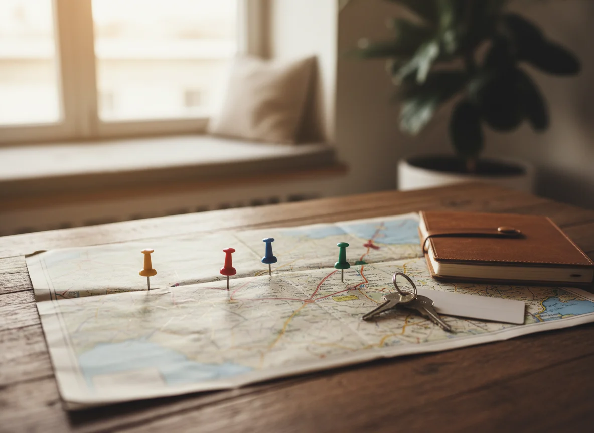 Road map notebook car keys and hotel key card for route planning