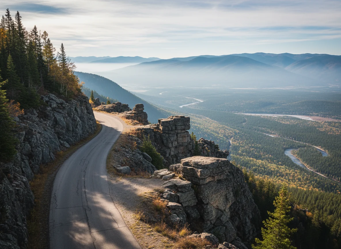 Scenic mountain road curving past cliffs and overlooks