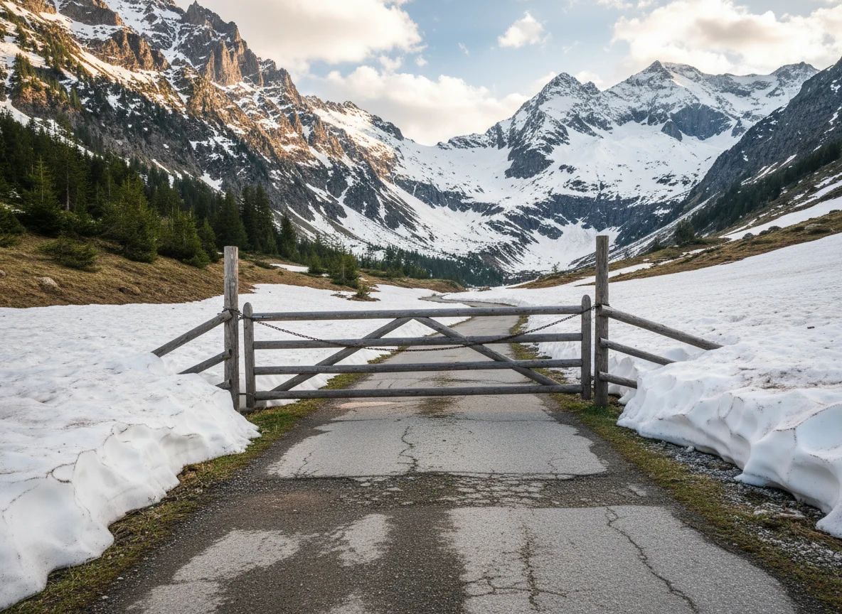 Snowy mountain road closed by a seasonal gate