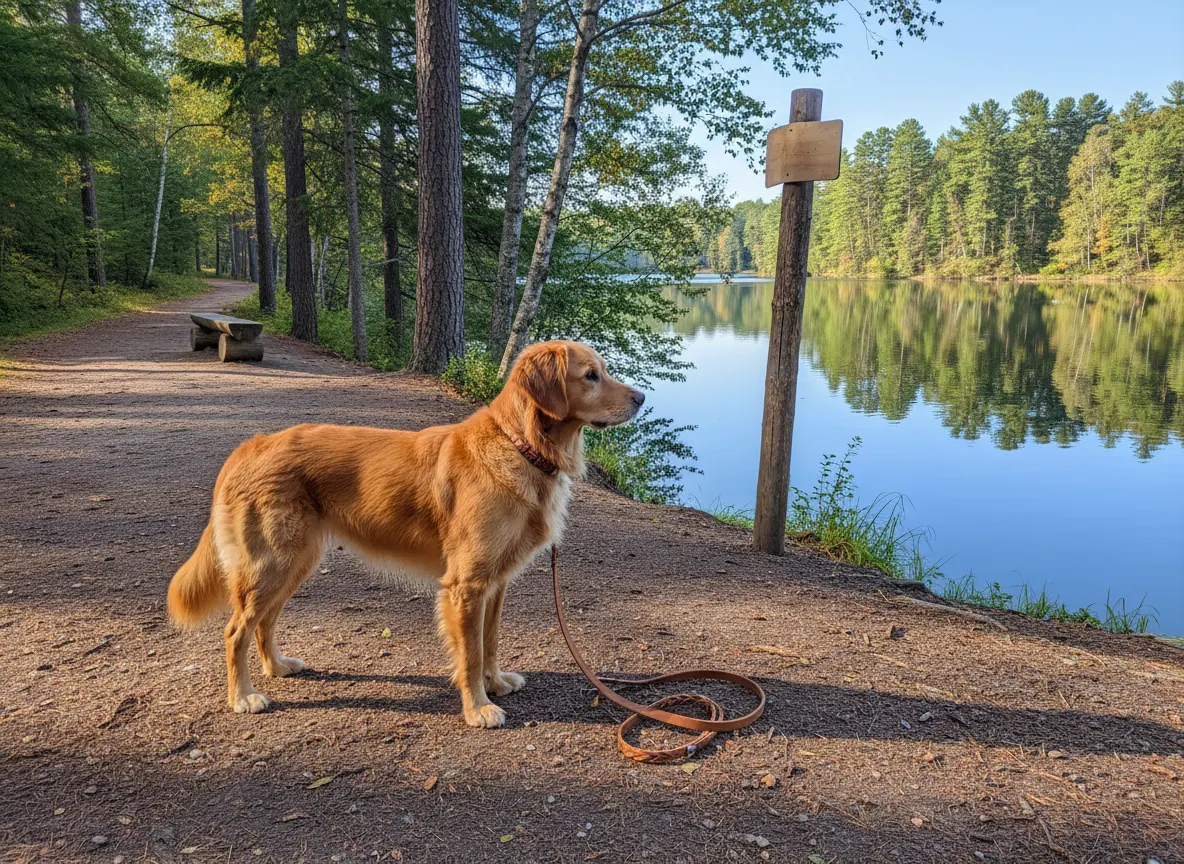 Dog on a broad forest trail beside a lake during a road trip