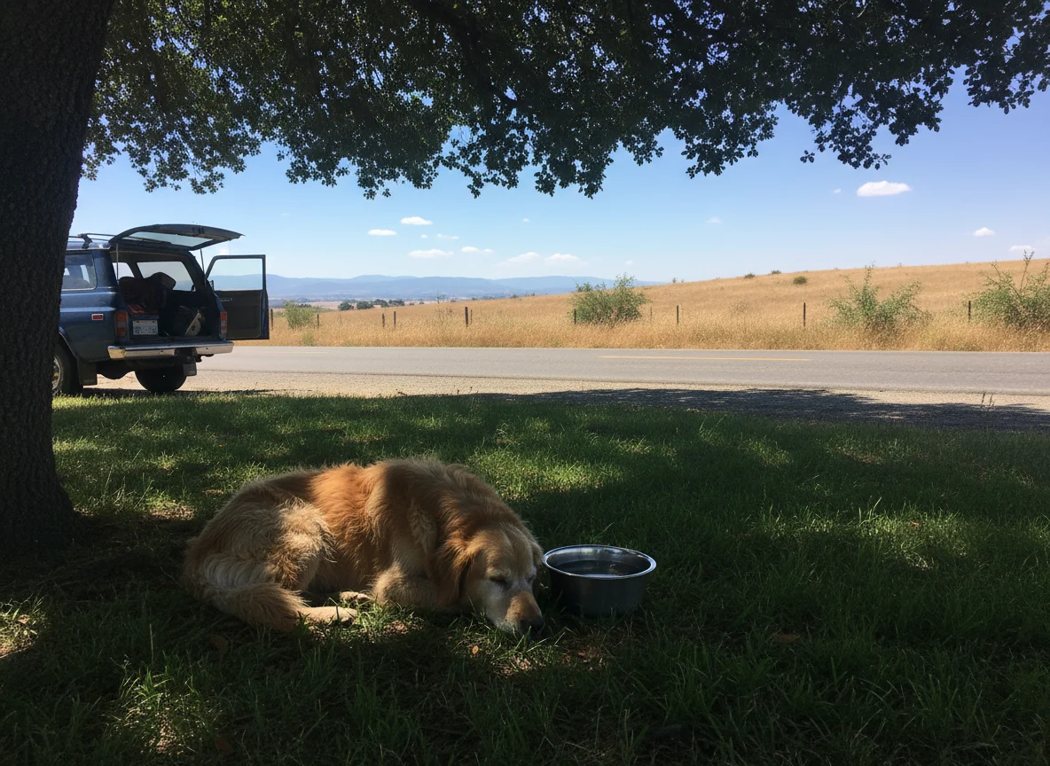 Dog resting in shade with water during a hot-weather road trip