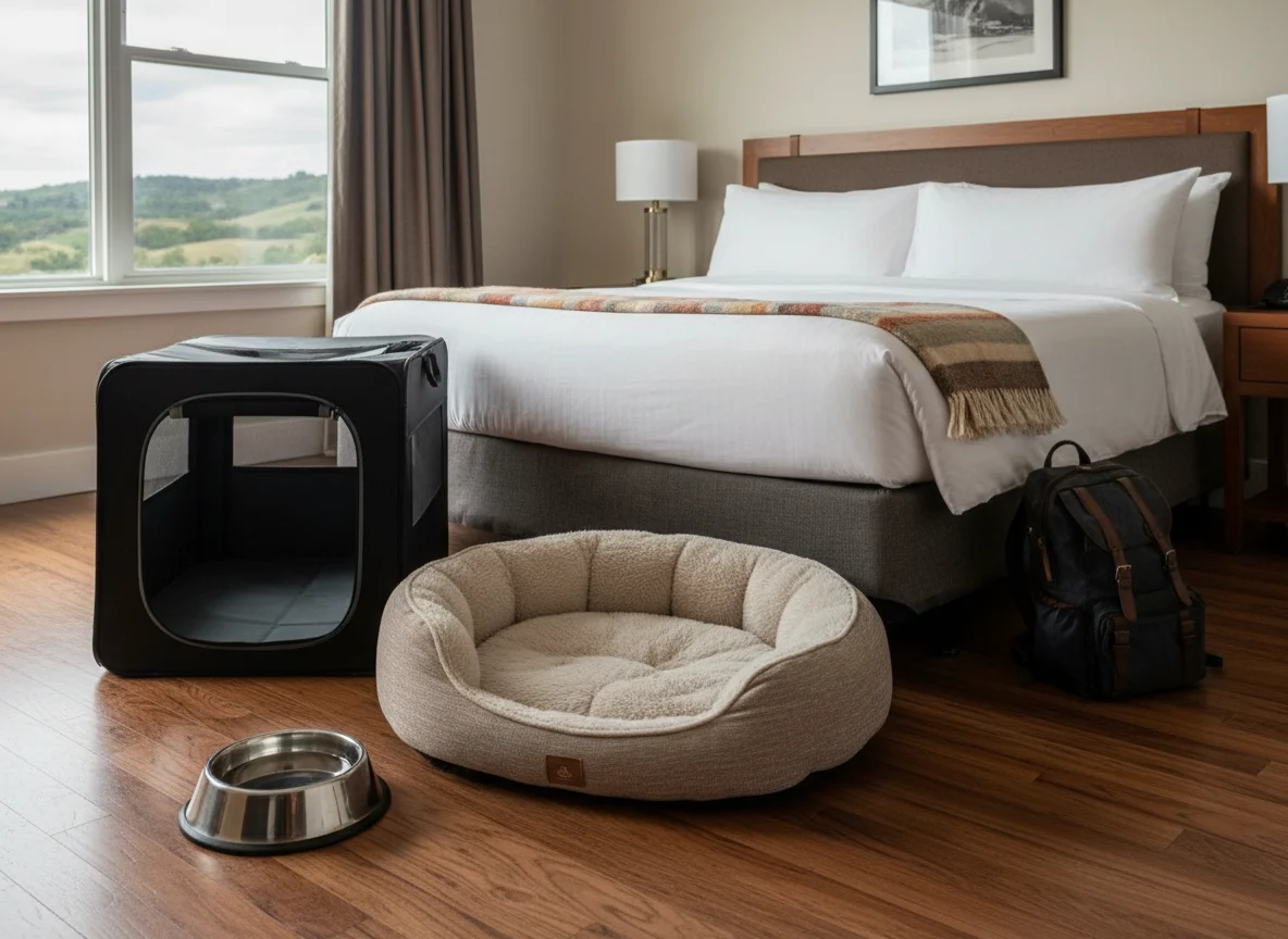 Dog bed water bowl and travel crate in a hotel room